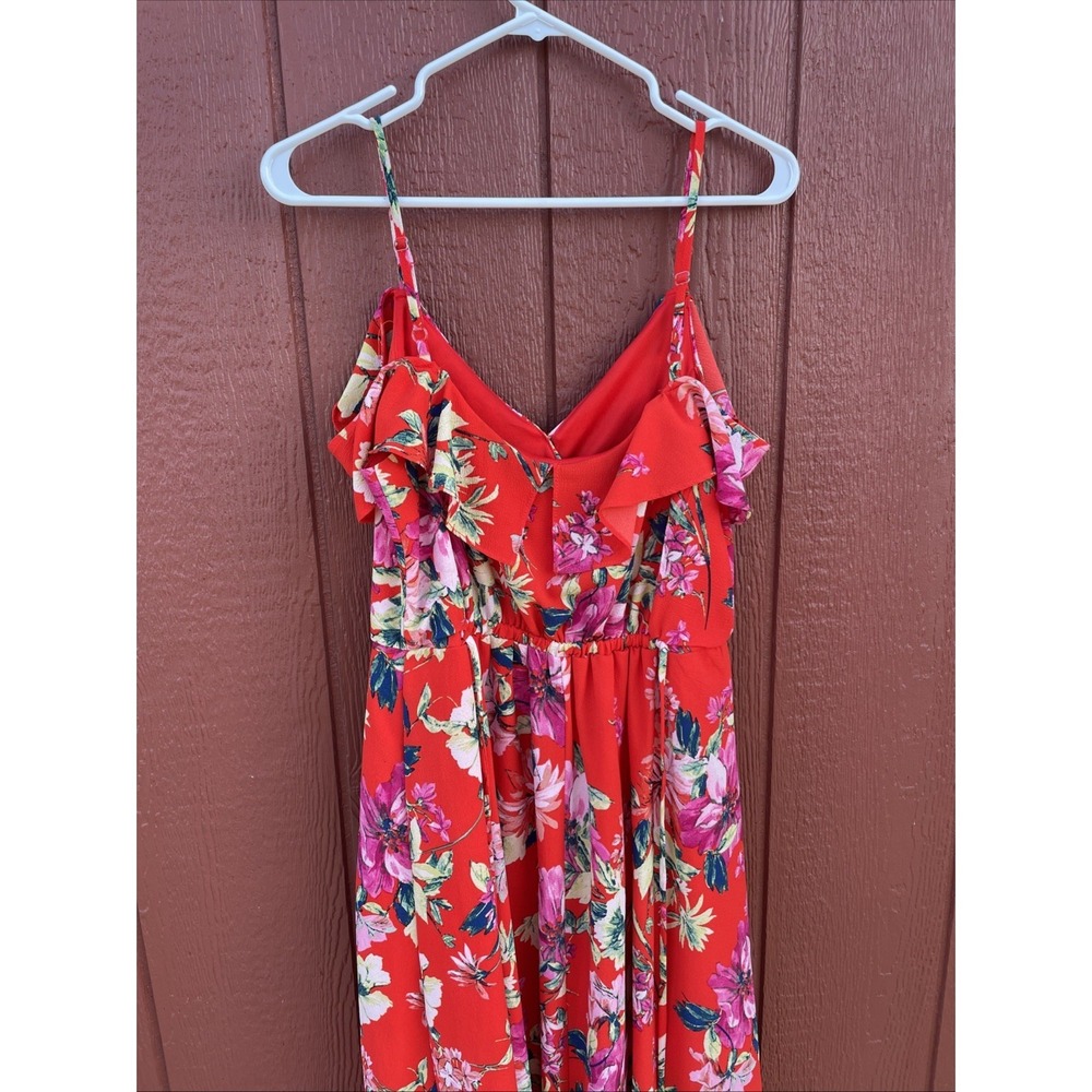 By & By Red Floral Ruffle V-Neck Maxi Dress Womens Small Sleeveless Pink Yellow - Picture 8 of 10